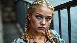 female, blonde hair dutch braids, amber eyes, light green skin, heavy freckles, adult, diamond shaped face, long face, natural hairline, low forehead, rounded eyebrows, pronounced brow ridge, large almond-shaped eyes, slightly wide-set eyes, button nose, low cheekbones, full lips, pointed chin, hourglass body shape, voluptuous build, average muscle definition, tall, proportionally small bust, BREAK, leaning against railing, (Contrapposto pose), (picture should crop around the knee level so that