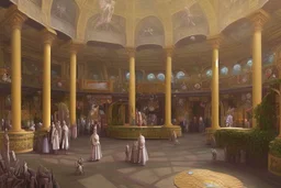 a round plaza, a Roman arcade with arches curved around it, by artist "Leonora Carrington"