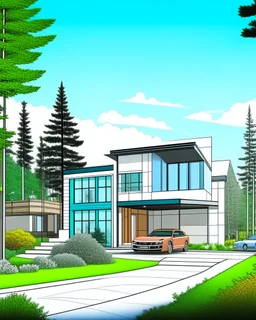 Architectural drawing of a luxurious modern two-story country house, trees, people and cars, complementary colors