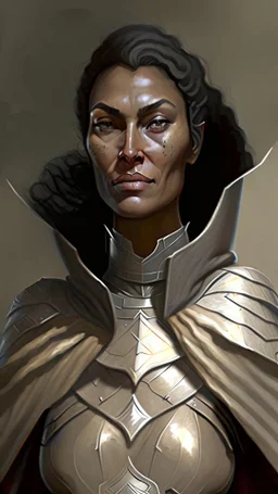 A tall human woman with tanned skin. Her face, marked by the years, always has a smirk on it, showing her superiority in the eyes of the others. She is dressed in grey armor and wears a cape.