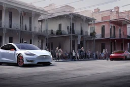 A Tesla 'Model S' is racing at top speed, on the streets of New Orleans. (CINEMATIC, WIDE ANGLE LENS, PHOTO REAL)