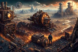 Illustration of a Steampunk Explorer in a Post-Apocalyptic Atmosphere. The condition of being surrounded by machine parts. Mechanical UI And Post Apocalyptic Landscape, Surreal Steampunk Art Style, Reality,. Isometric Asset Style,. Super Details,. Cinematic. Very Focused. HyperRealistic