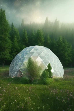 geodesic Dome a facettes transparant ultra réaliste, brouillard, prairie,riviere animé, soleil, ciel étoilé cgi, rendi houdini