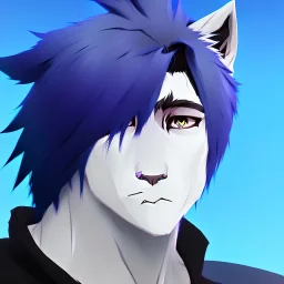 wolf furry digital art blue hair only face anime style male white fur