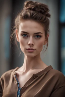 professional photography, most pretty beautiful girl, tight shirt, messy bun, brown hair, blue eyes, full font of body, big eyes, thin lips,beautiful, pretty woman, perfect body, perfect face,Canon EOS 5D mark IV, best quality photography, sharp,