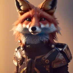 A steampunk Armor wearing Fox,cyberpunk, character design,ultra realistic,shiny, smooth, studio quality, octane render, Surrealism, Triadic colour scheme,ambient lighting polaroid, 100mm