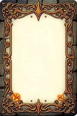 "Whimsical, fantasy-themed card border, intricate stone and gold filigree with tiny rat paw prints hidden in the design, playful medieval style, glowing runes, ornate yet readable, decorative corners, vibrant fantasy color palette."