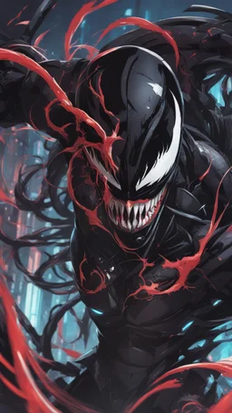 Venom mix with machine in solo leveling shadow artstyle, cyberpunk them, intricate details, highly detailed, high details, detailed portrait, masterpiece,ultra detailed,best quality