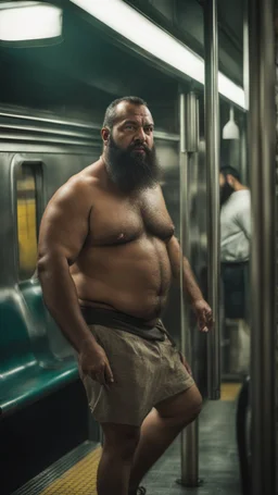 full figure photography of an ugly dirty arab burly muscular chubby stocky strong man 47 years old with raided beard, shaved hair,, manly chest, hairy , ajar mouth, photorealistic ,shirtless, bulging shorts, side light, inside a crowded subway station , neon lights