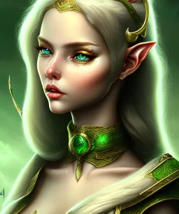 Archer elf female, 90-60-90 high detail, High definition, long gold hair, green eyes, crow from white gold, emerald choker