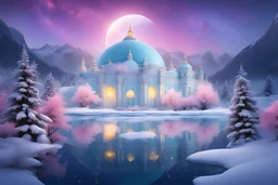 magnificent palace with golden dome, in the snow, bright,in the foreground icy lake of turquoise water,in front of the lake in the foreground, beds of very delicate pink and yellow flowerss, magical and magical atmosphere, in the background snowy mountains, dark blue sky with stars, light particles and a small planet, stars in the sky, pink fir trees,