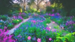 verybeautiful-magical-garden-of-the-angelic-kingdom-blue-and-pink-plants-and-trees-small-river-sunshine-flowers-haze-thumb-rainbow-ufo-bright-colors-light flowers