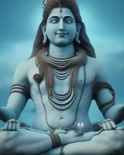 lord shiva meditating in the air, ultra realistic photo, blue colour, high key lighting, volumetric light high details psychedelic background