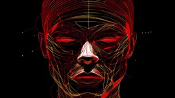 In an abstract and minimalist world, Minimalist portrait: a silhouette of an African face outlined in red and golden lines and dots,