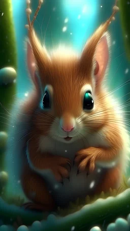 Kawaii Baby Squirrel, Hiding In Fluffy Thick Pine Branches, Full-Back Hood Fur, Mother Of Pearl, Caricature, Realism, Beautiful, Delicate Shades, Sweetness, Lights, Intricate, CGI, Art Botanical, Animal Art, Art Decor, Realism, 4k, Detailed Drawing, Depth Of Field, Digital Painting, Computer Graphics, Raw Foto, HDR