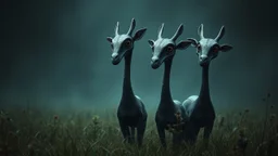 A dark fantasy, scifi theme, from four herd of gentle herbivorous creatures with long necks, one large central eye little two ears on head and a separate small, soft herbivore mouth, rounded bodies and dark gray-green skin, standing in a misty grassy landscape with deep colors and many plants,. Curious, slightly uncanny expressions, photorealistic, cinematic atmosphere, realistic skin texture.
