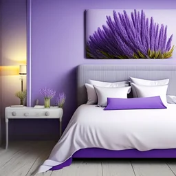 Concept of lavender flower in a hotel bedroom, modern classic style, lavender colors