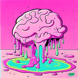 Vintage illustration of a slimy pink brain melting, cartoonist animation style, hand drawn, pastel color palette, gross art, pop punk, 90s anime inspired, airbrushing, post modern, horror cut, gradient chrome abberations, retro weird drawings