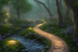  winding stone path lit river