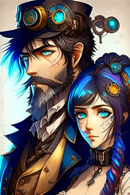 anime couple, steampunk , colorful, man with salt and pepper beard and woman with dark hair and blue eyes