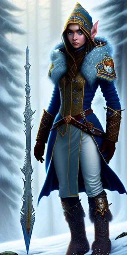 Cute and adorable female elven adventurer with ultradetailed SMALL elven ears dressed in a warm overcoat with survival gear, with adorable symmetric face and boots, in style of Cedric Peyravernay Art, microdetails --ar 2:3 --beta --upbeta --upbeta