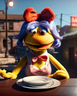 waitress woman with Sesame Street muppet mask-head, concept art, retro style, smooth, unreal engine 5, god lights, ray tracing, RTX, lumen lighting, ultra detail, volumetric lighting, 3d.