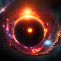 A solar system tightly orbiting a black hole, destruction, terror, ripping apart, colorful, , beautiful abyss, vivid, 8k 3d, vray, highly detailed matte painting, action, concept art, phoptorealistic, dozens of brightly lit rings of destroyed orbiting bodies, perfect circles brilliant, vivid, dayglow