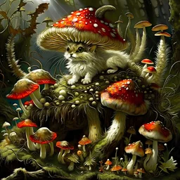 a kitten on which different mushrooms, fly agaric, the highest quality grow nearby, Thomas Kincaid. linear art. It's magical. Jean-Baptiste Monge. Tim Burton. complicated details. Luminescence. Josephine Wall. Ivona Lifshes. Illuminated. Thomas Wells Schaller.