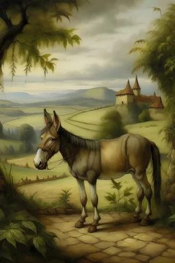 landscape painting with a donkey in the style of Leonardo da Vinci