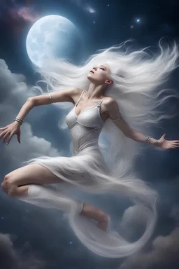 falling broken moon, gorgeous ethereal primal athletic goddess extraterrestrial female, flying upside-down, feet up, knees together,, curious expression, opal piercings, beautiful face, mesmerizing reflective galaxies in eyes, smooth translucent diamond skin, transcendental, mythic, mystic, warrior princess, wind blowing through long white hair,