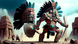 Giant Tlahuicole Tlahuicolli Tlaxcala futuristic warrior defeating many Spanish Conquistadores