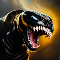 Ultra detailed fullbody Portrait in oil on canvas of Venom fusions Sabertooth(marvel) ,intense stare,extremely detailed digital painting, extremely detailed face,crystal clear Big eyes, mystical colors ,perfectly centered image, perfect composition, rim light, beautiful lighting,masterpiece,8k, stunning scene, raytracing, anatomically correct, in the style of robert e howard and Ken Kelley and Ohrai Noriyoshi and Simon Bisley and tomzj1