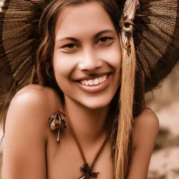 Woman smiling, pretty face, face is pretty, face is highly detailed, wearing primitive bikini, native clothing, primitive, highly detailed, extremely detailed, crisp, photo, high quality, real life, laying down, symmetrical, full body portrait