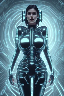 cyberpunk, black latex body, women, body portrai, big boobs, highlight eyes perfect, skin, tron, cyborg, perfekt sexy, real, dream, hr giger