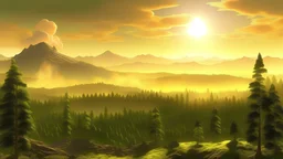 A vast, green forest stretches across the landscape. The sun shines brightly overhead, and the trees are bathed in golden light. In the distance, a volcano erupts, sending a plume of smoke and ash into the air.