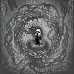 Generate an image that depicts a person trapped in the clutches of addiction, with visual elements symbolizing the allure and dangers of substance abuse, such as dark shadows, chains, or swirling vortexes. leave the area of person blank