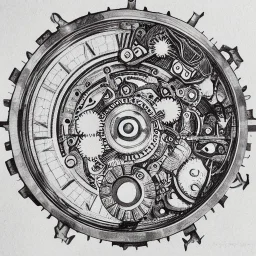 mechanical watch back cogs and gears, fine pen illustration, highly intricate on parchment paper