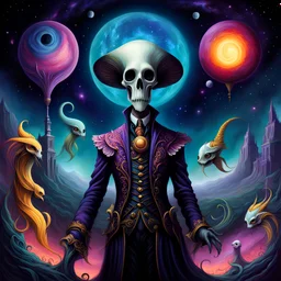 The Death of Humanity, creature design, Tim Burton, anthropomorphic character, surrealism, renaissance painting, concept art, colorful, cosmic, galactic, eldritch, mysterious, vibrant, whimsical, ethereal, rococo, digital painting, storybook illustration