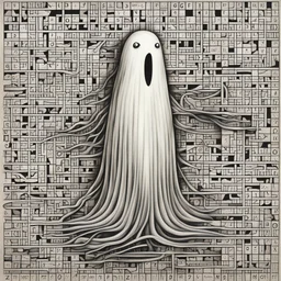 surreal ghost in flowing crossword puzzle sheet, crossword puzzle pattern, by Tim Burton, by Shaun Tan, comic hyperreal, intricately detailed, acrylics