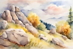 Landscape with Sunny day, clouds, mountains, rocks, Watercolor paintings