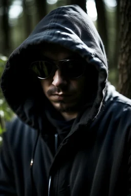 terrifying hooded creature wearing dark glasses hiding in the woods