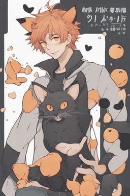 A young adult male realistic with one black cat ears, one orange cat ear, black and orange messy hair