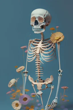 A skeleton with no pelvic floor and flowers for eyes