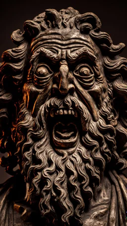 Ceramic style statue all colours are dark of an old church man from the 1200 BC , the head of dead man with thick curly hair and his eyes are open wide and open mouth with rage ,