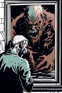 a man looking into a shattered mirror and seeing a horrifyingly smeared and deranged monster in his reflection