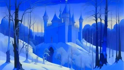 A blue violet castle in a winter forest painted by The Limbourg brothers