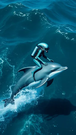 An Alien with diving suits riding on dolphin in the ocean with high waves