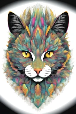 T-shirt design graphics on white background, Parametric structure, vivid colors, frontal CAT Head in mandelbrot style, intricated details, cyberpunk, few colors, surreal, symmetrical, high contrast