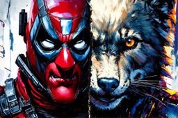 Poster in two gradations, split in half, one side "deadpool", other side "wolfverine", midline of the face, painting by Yoji Shinkawa, tones and colours randoms, , detailed iridescent, metallic, translucent, dramatic lighting, hyper futuristic, digital art,