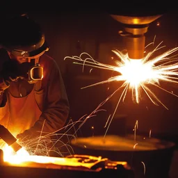 Imagen realista y dramática de una trabajador en una fábrica de fundición rodeado de las chispas que saltan, en medio de la penumbra, primer plano del trabajador mirando la pieza que funde. Fotografía periodística realizada con una cámara Leica y un objetivo de 50 mm